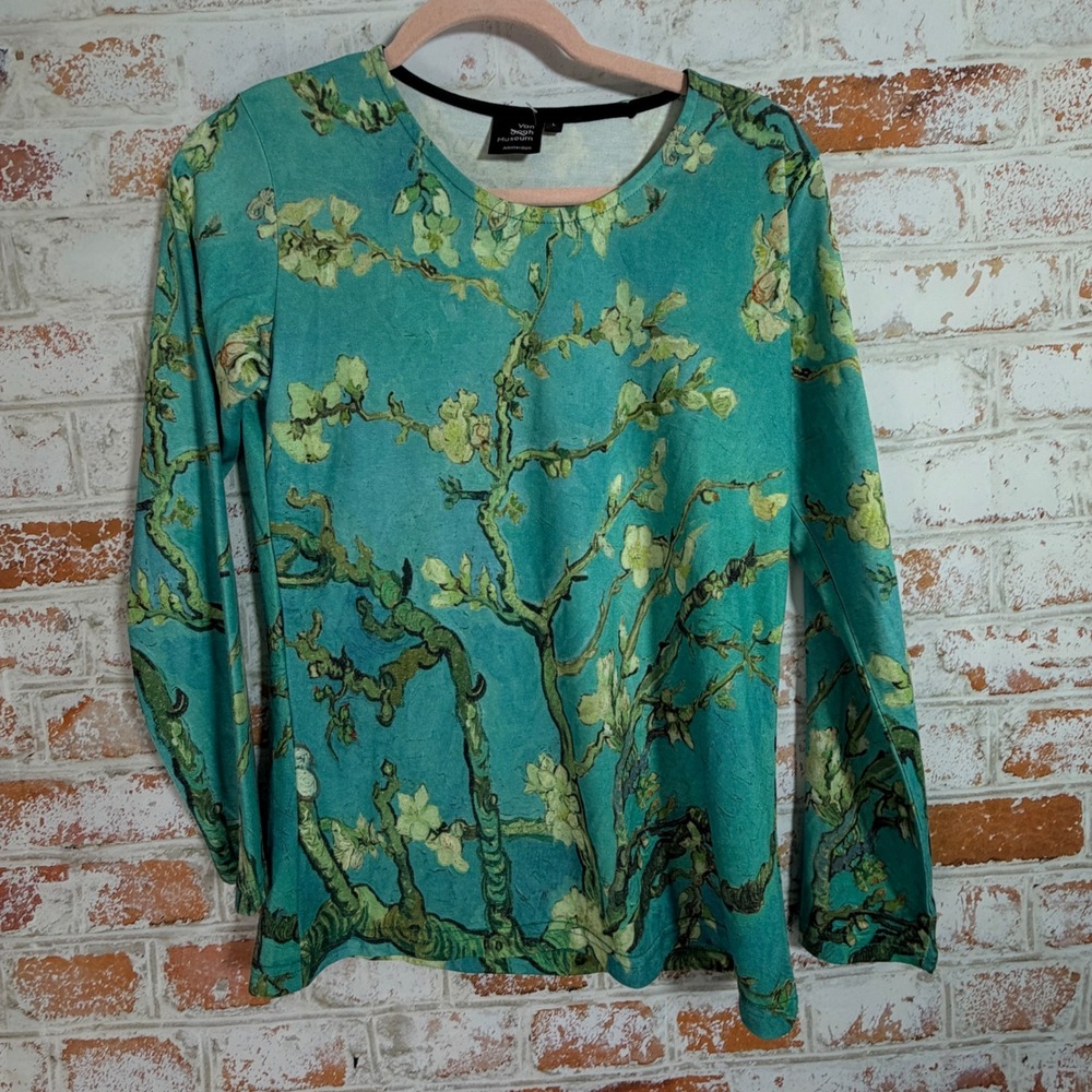 Van Gogh Museum Long Sleeve Top‎ Womens L Teal Almond Blossoms Art Print Shirt